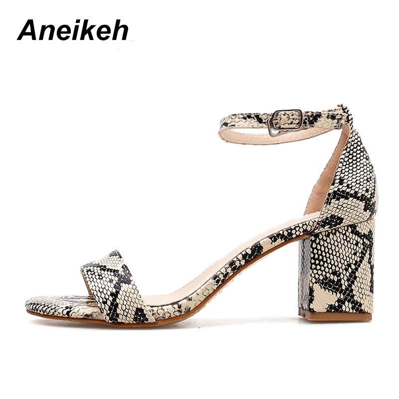 Leopard Print Women Sandals High HeelsAnkle Strap Square Heel