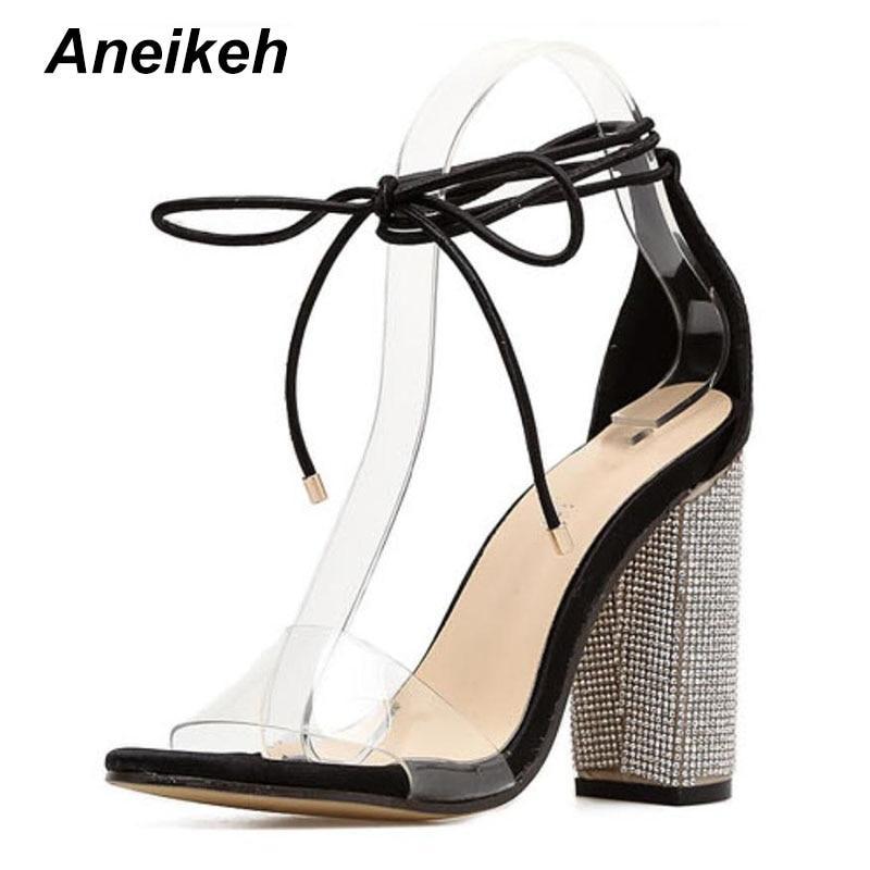 Aneikeh Women High Heels Sandals Square Heels Crystal Heeled Platform Shoes