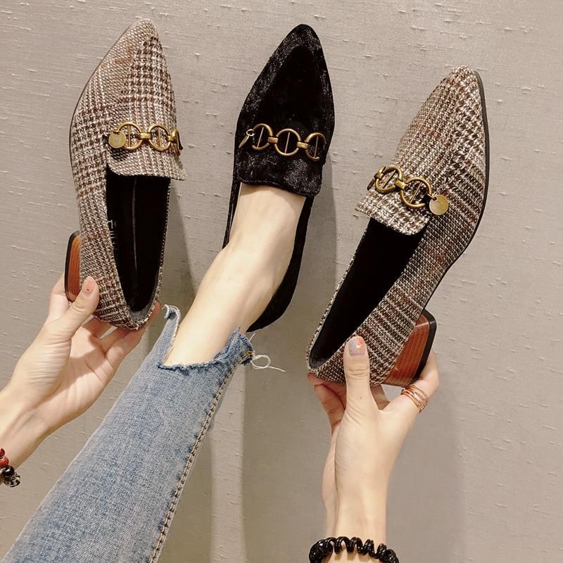 Women Casual Pointed Toe Black Plaid Oxford Shoes for Women