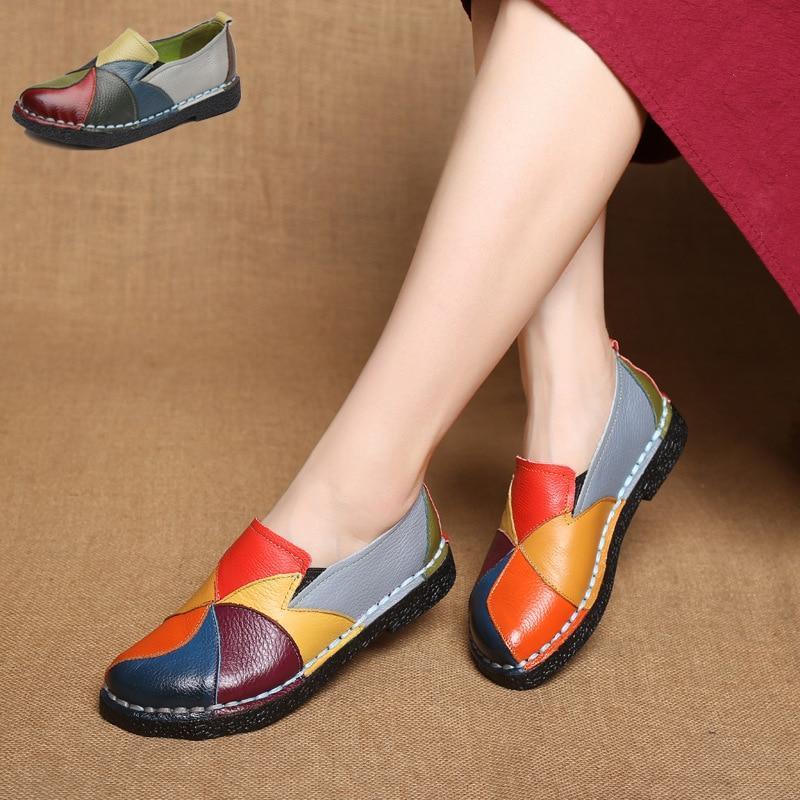 Women Ladies Female Shoes Flats Mother Shoes Cow Genuine Leather Loafers