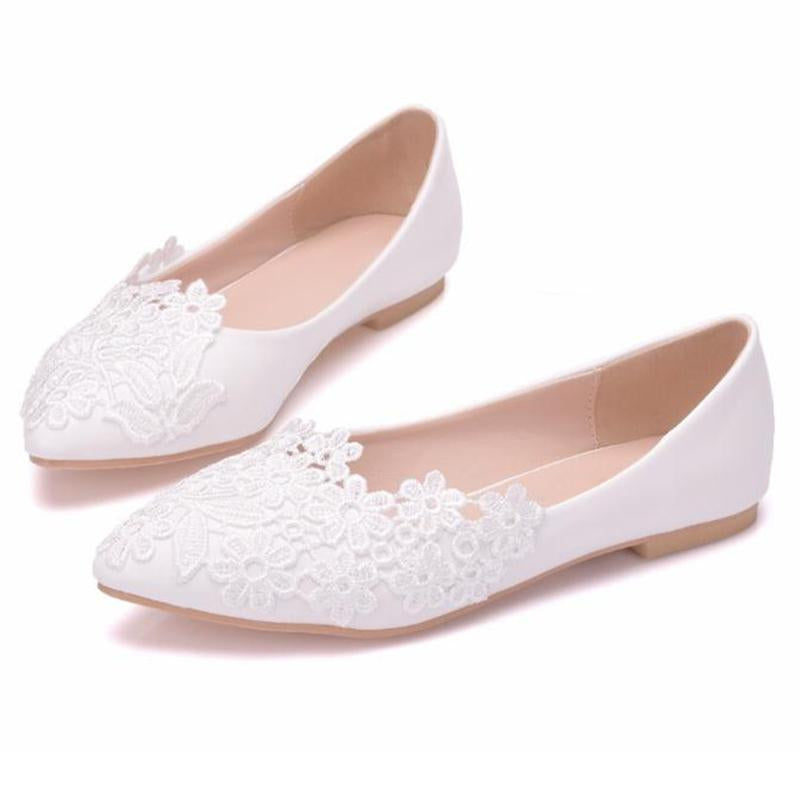 White Lace Wedding Shoes Women  Flowers Bride Shoes
