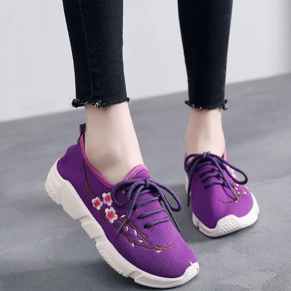 Women Embroidery Loafers Solid Lace Up Breathable Shoes