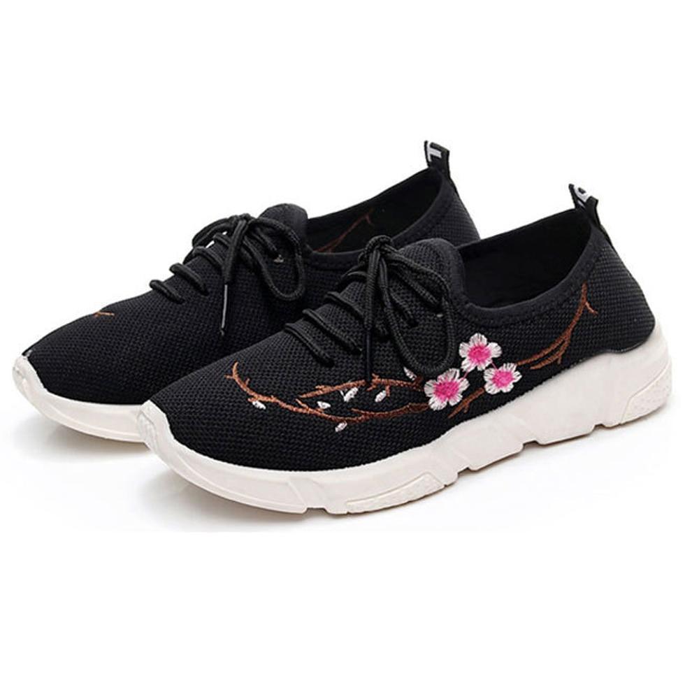 Women Embroidery Loafers Solid Lace Up Breathable Shoes