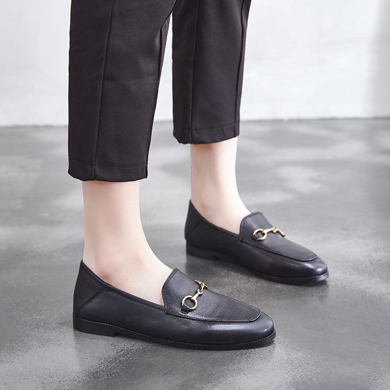 Flats Basic Shoes Women Loafers Cow Leather Metal Decoration