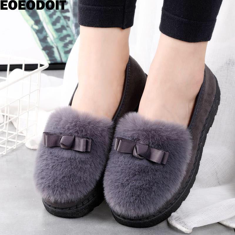 Fur Sneakers Flat Heel Slip on Round Toe Comfort Platform Flats Snow Shoes