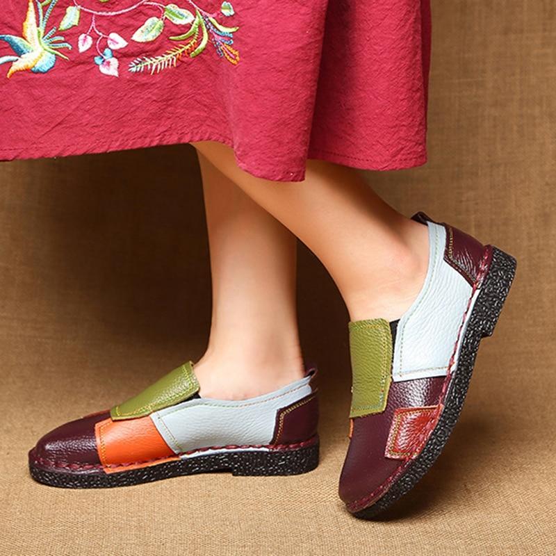 Women Leather Splicing Loafers Retro Soft Sole Non-slip Flats Shoes