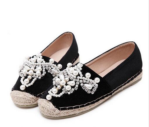 Women Loafer Round Toe espadrilles Pearl Comfortable Hemp Bottom Women Flats Shoes