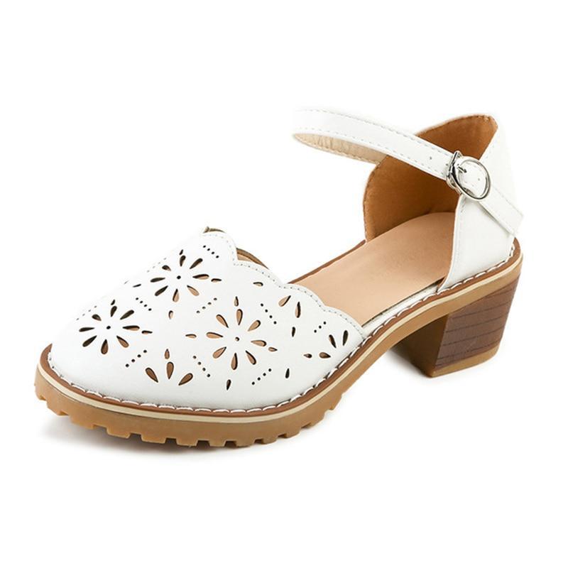Hollow-Carved Women Sandals  Style Retro Platform White Sandals