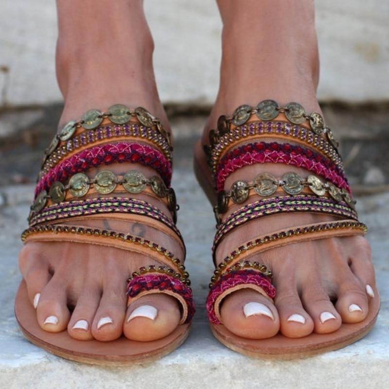 Women Flat Sandals Celebrity Bohemian Handmade Beaded Rhinestones Women's Shoes