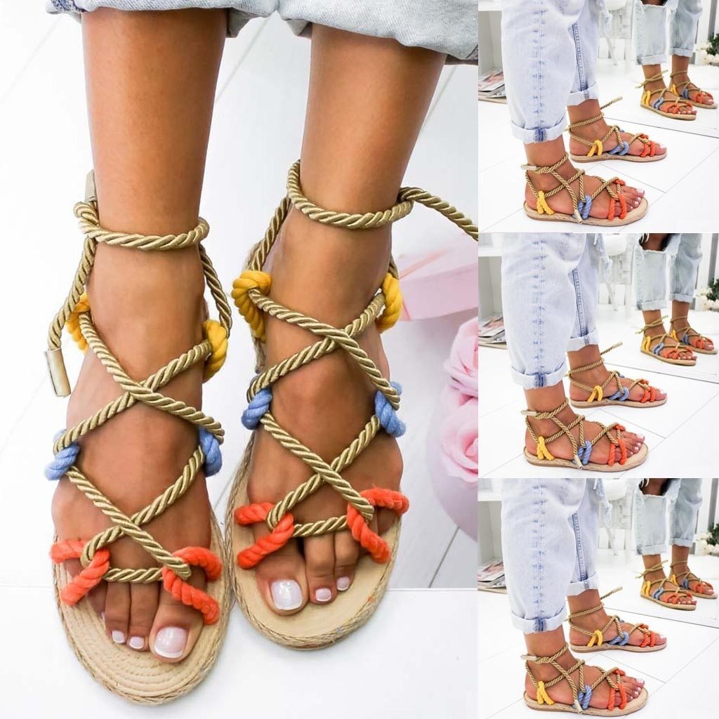 Rome women shoes  Slippers Hemp Rope Flat Lace Cross-tied Slippers