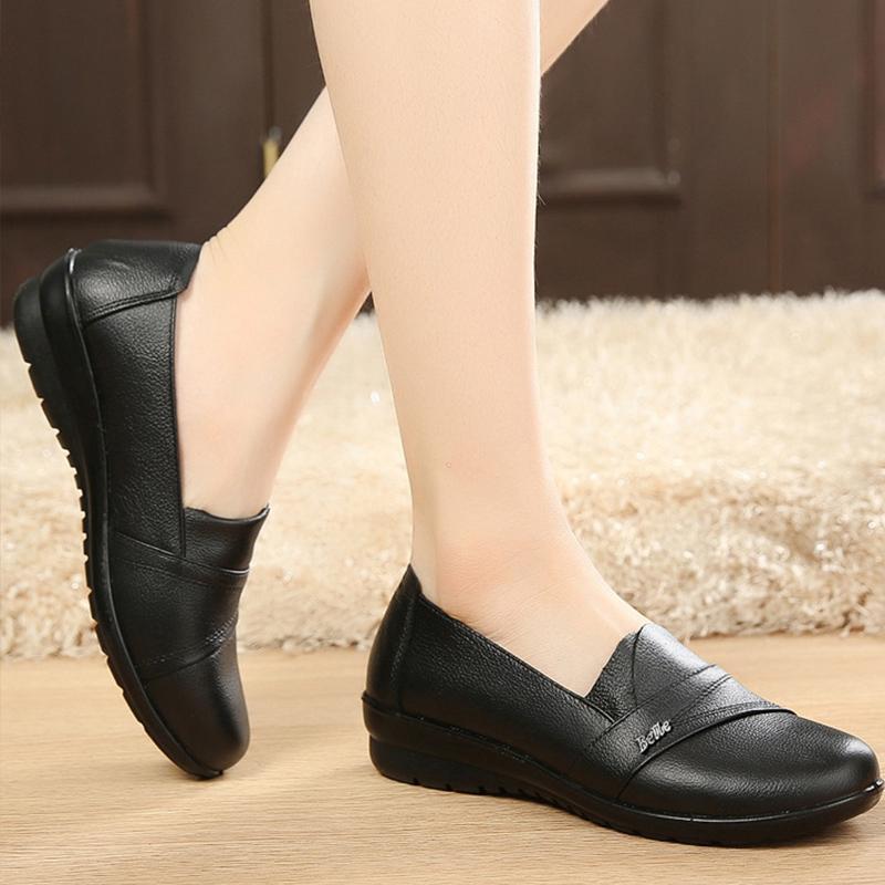 Slip-on loafers flats women shoes genuine leather flats size 35-41 round toe solid black shoes