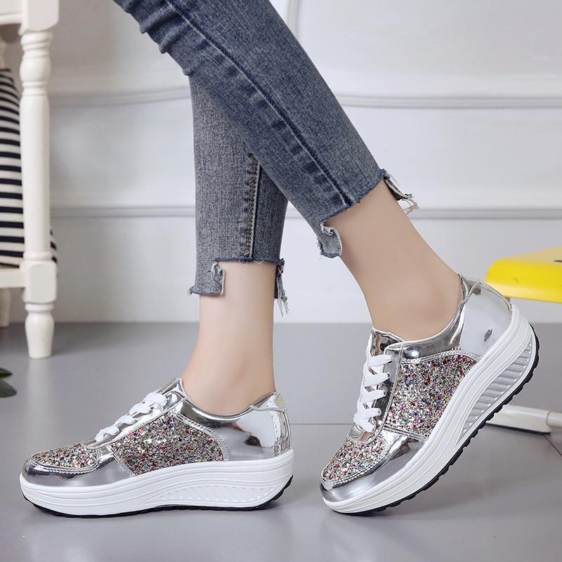 Platform Glitter Sneakers Silver Loafers