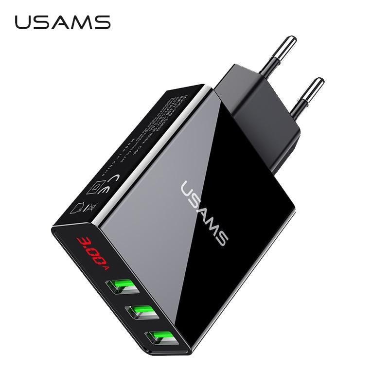 IcoolGadgets 3 Port USB Phone Charger LED Display EU Plug Total Max 3A Smart Fast Charger Mobile Wall Charger for iPhone iPad Samsung