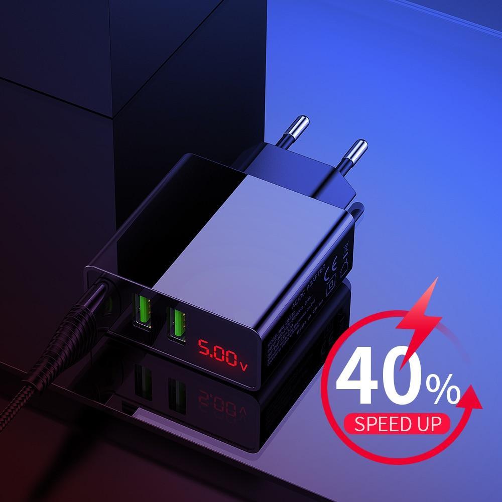IcoolGadgets 3 Port USB Phone Charger LED Display EU Plug Total Max 3A Smart Fast Charger Mobile Wall Charger for iPhone iPad Samsung