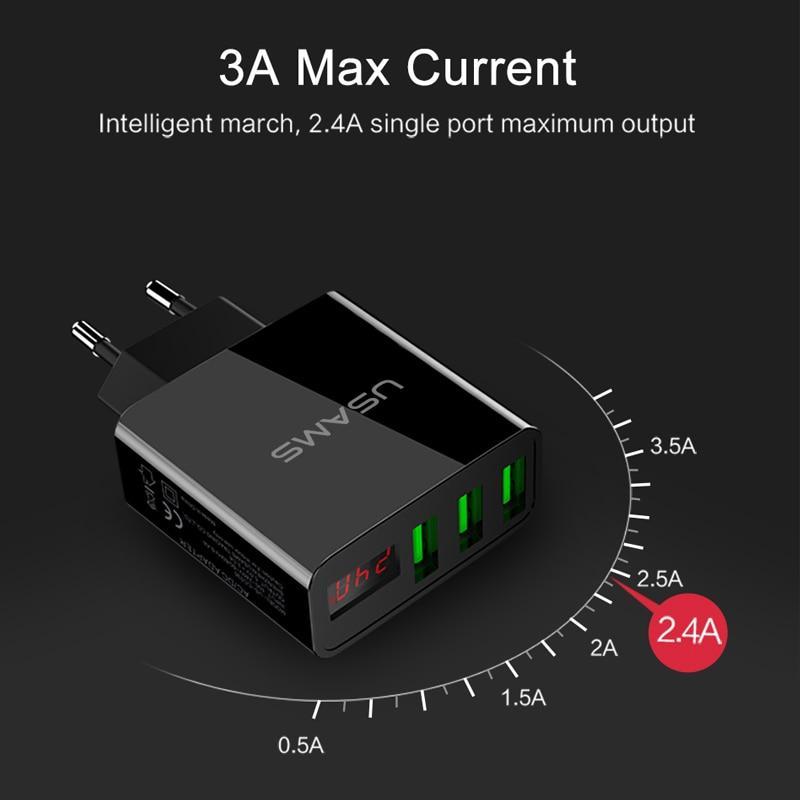 IcoolGadgets 3 Port USB Phone Charger LED Display EU Plug Total Max 3A Smart Fast Charger Mobile Wall Charger for iPhone iPad Samsung