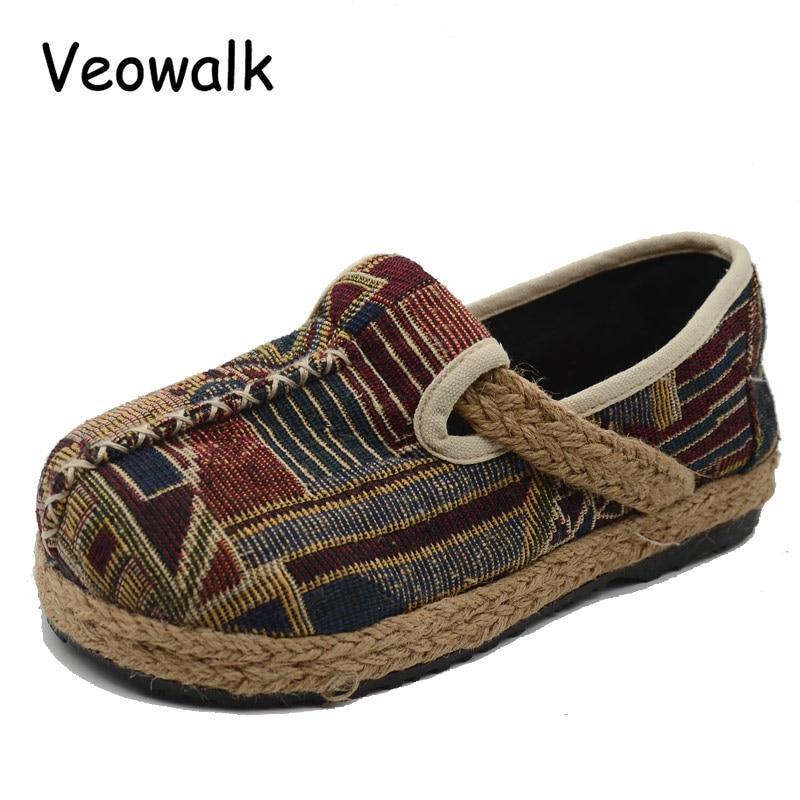 Veowalk Brown Cotton Embroidered Women Casual Linen Loafers