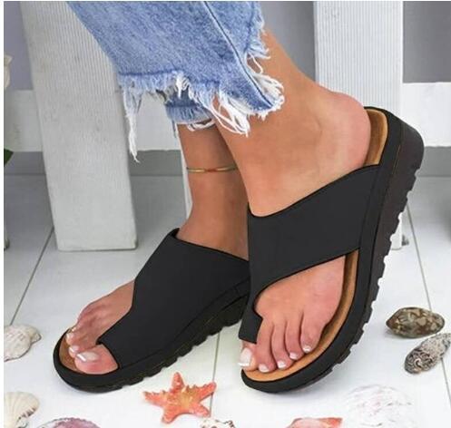 Women Comfy Platform Sandal Shoes Feet Correct Thickened Street PU Leather Dating Shopping Flat Sole Women Sandal