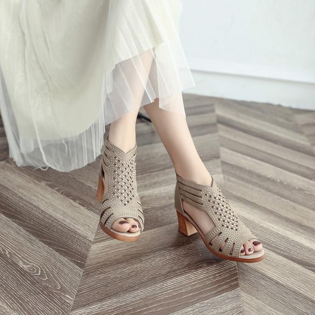 Women Fashion Crystal Hollow Out Peep Toe Wedges Sandals