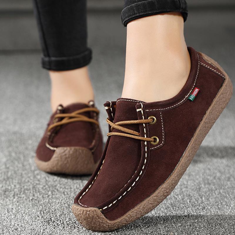 Women Flats Genuine Leather Loafers Lace Up Folding Moccasins New Women Casual Shoes