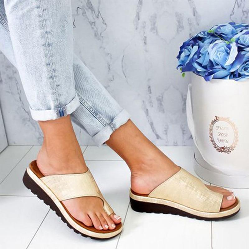 Women PU Leather Shoes Comfy Platform Flat Sole Ladies Casual Soft Big Toe Foot Correction Sandal