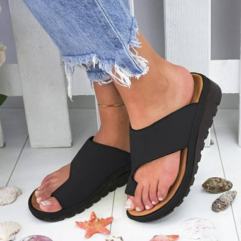 Women PU Leather Shoes Comfy Platform Flat Sole Ladies Casual Soft Big Toe Foot Correction Sandal