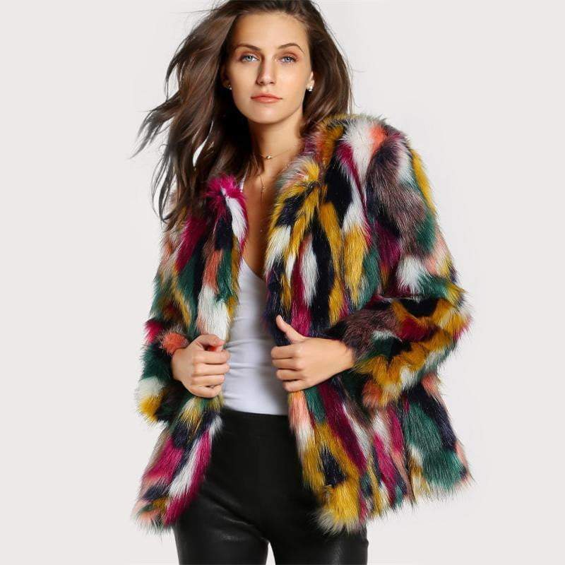 Colorful Collarless Faux Fur Coats