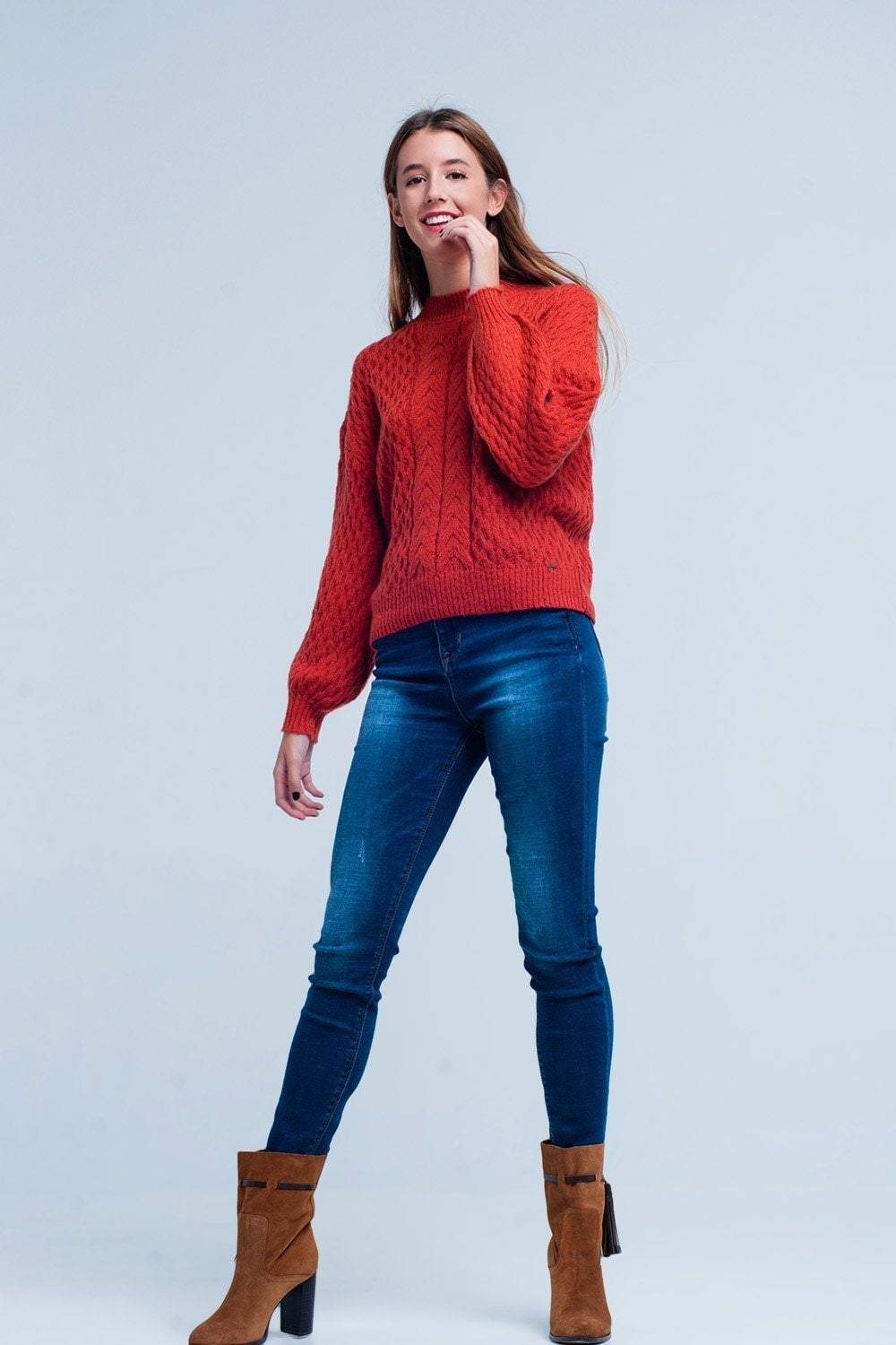 Orange Cable Knitted Sweater With Round Neck