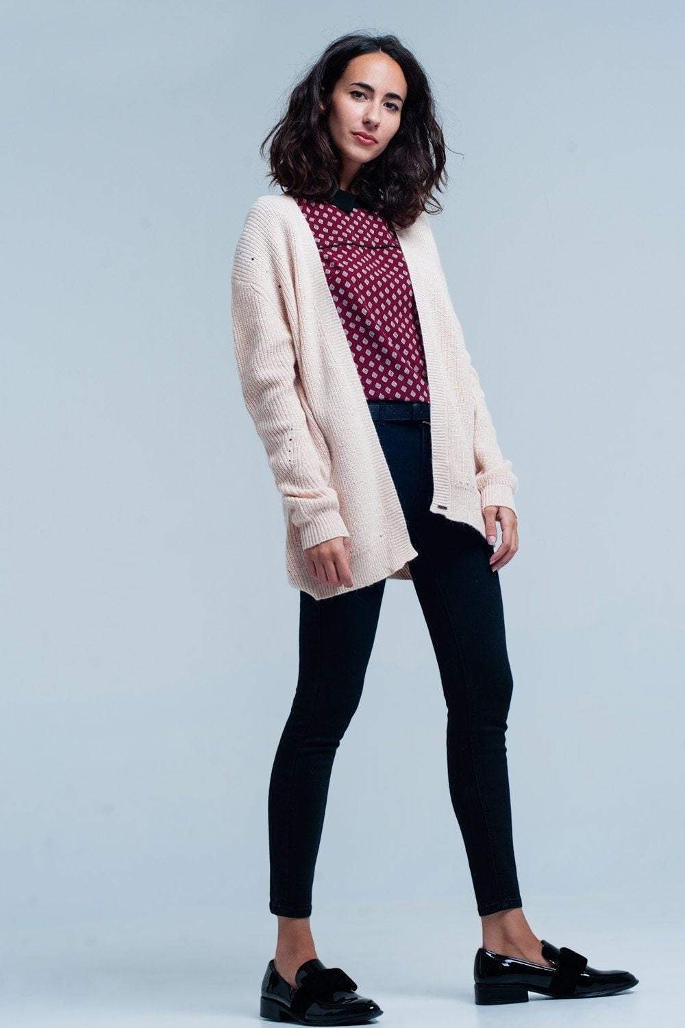 Pink angora cardigan with long sleeves