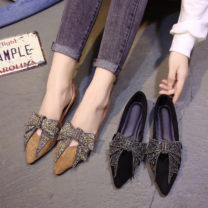 crystal bow-knot moccasins pointed toe flock loafers