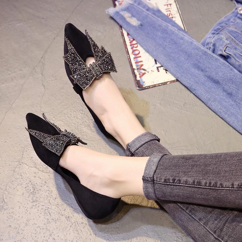 crystal bow-knot moccasins pointed toe flock loafers