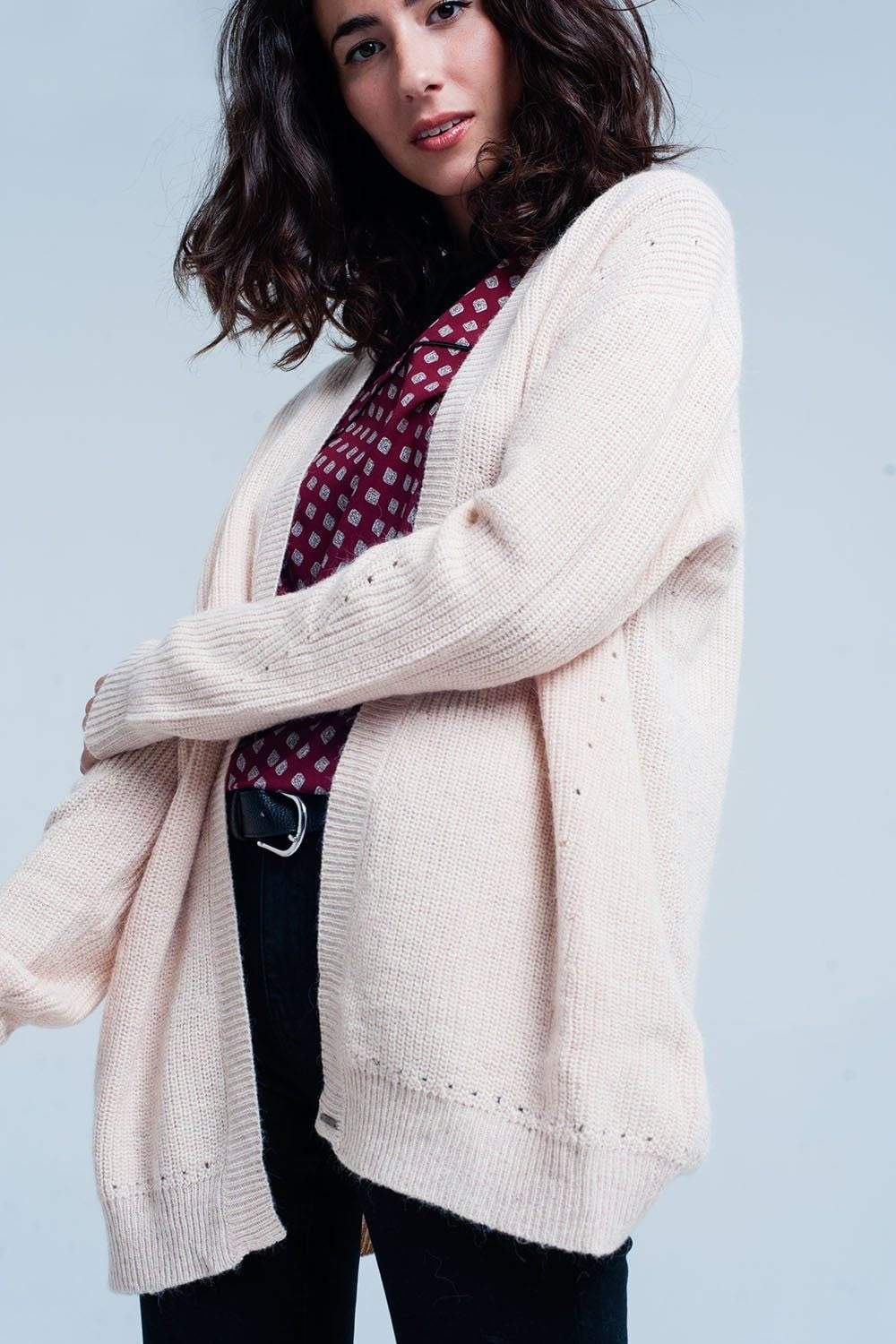 Pink angora cardigan with long sleeves