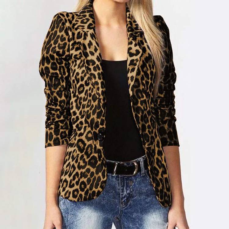 Suit Collar Gathered Long Sleeve Leopard Print Blazer