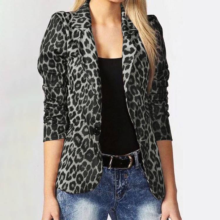 Suit Collar Gathered Long Sleeve Leopard Print Blazer