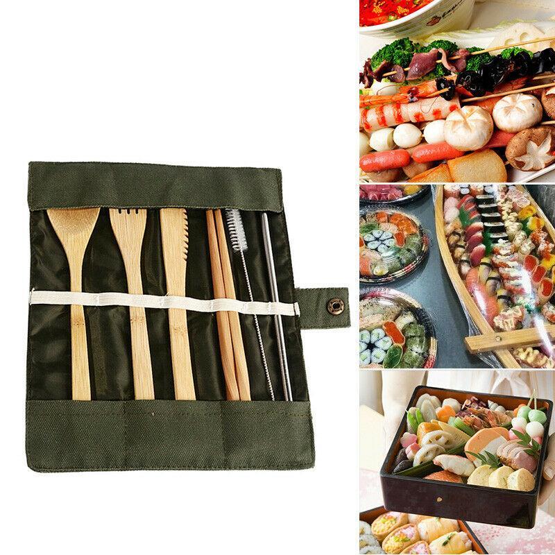 6 Pc Bamboo Travel Cutlery Set