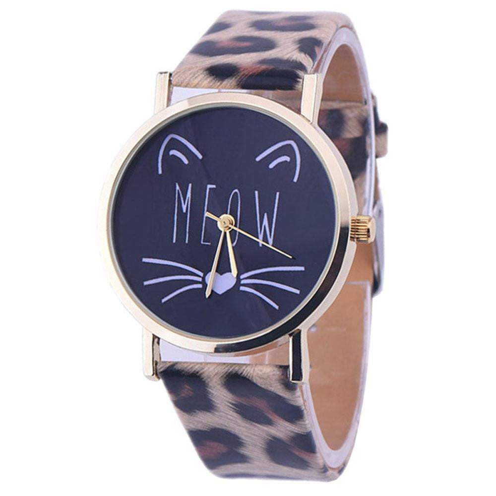 Newly Design Cute Meow Cat Face Watch Leopard PU Leather