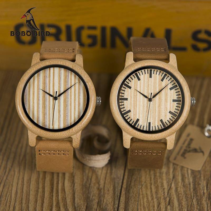 Mens Bamboo Wood Wooden Watch, Quartz Watches With Leather Straps and Gift Box