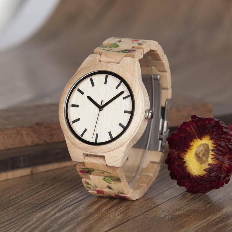 Pine Watch With Floral Wooden Strap - Flower Wood Band