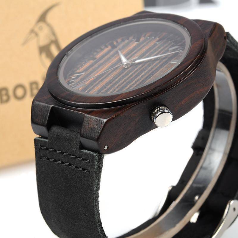 Men's Ebony Wooden Watch with Wood Face and Leather Band