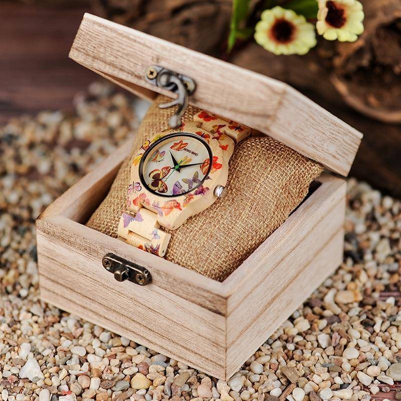 Butterfly Ladies Wooden Watch With Painted Butterflies in Wood Gift Box