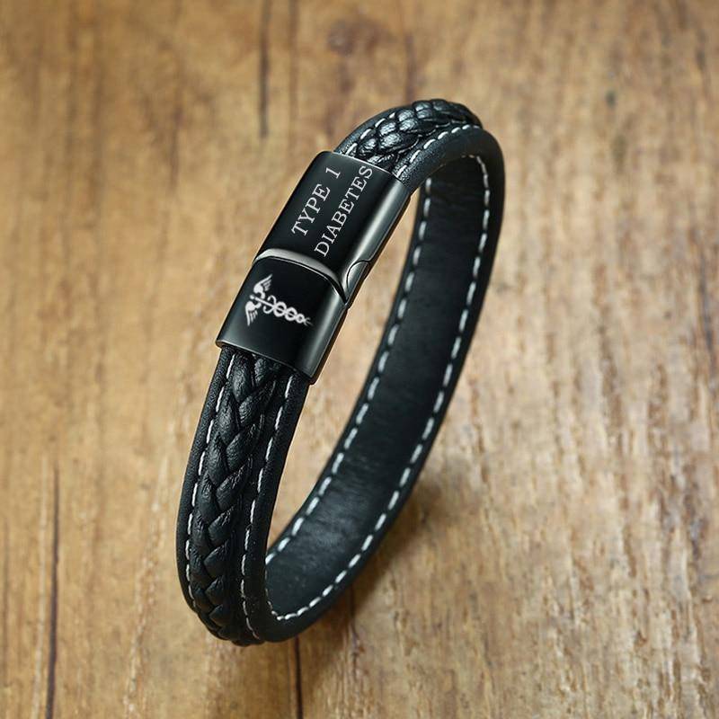 Mens Diabetic Medical Alert ID Bracelet - Stitched Black Leather - For Type 1 and Type 2 Diabetes