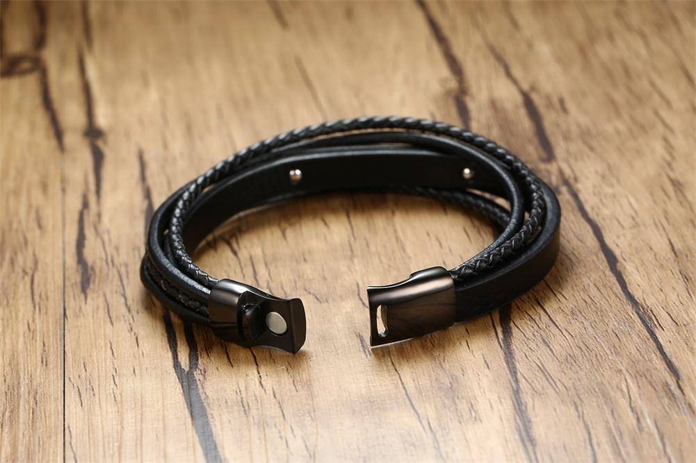 Mens Diabetic Medical Alert  ID Bracelet - Black, Genuine Leather, Braided Strands for Type 1 and Type 2 Diabetes