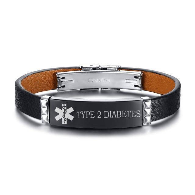 Mens Diabetic Medical Alert Bracelet - Black Leather - Type 1 and Type 2 Diabetes